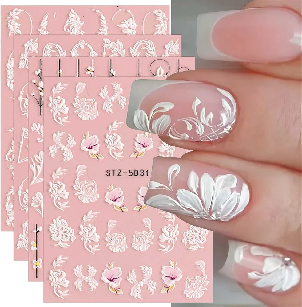 5D Spring Embossed Flower Nail Art Stickers 4 Sheets Real Self-Adhesive Decals Floral Design Nail Decoration for Women Girls